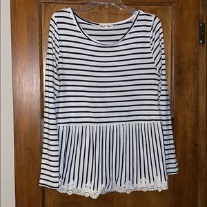 Striped Peplum Top with Lace Border